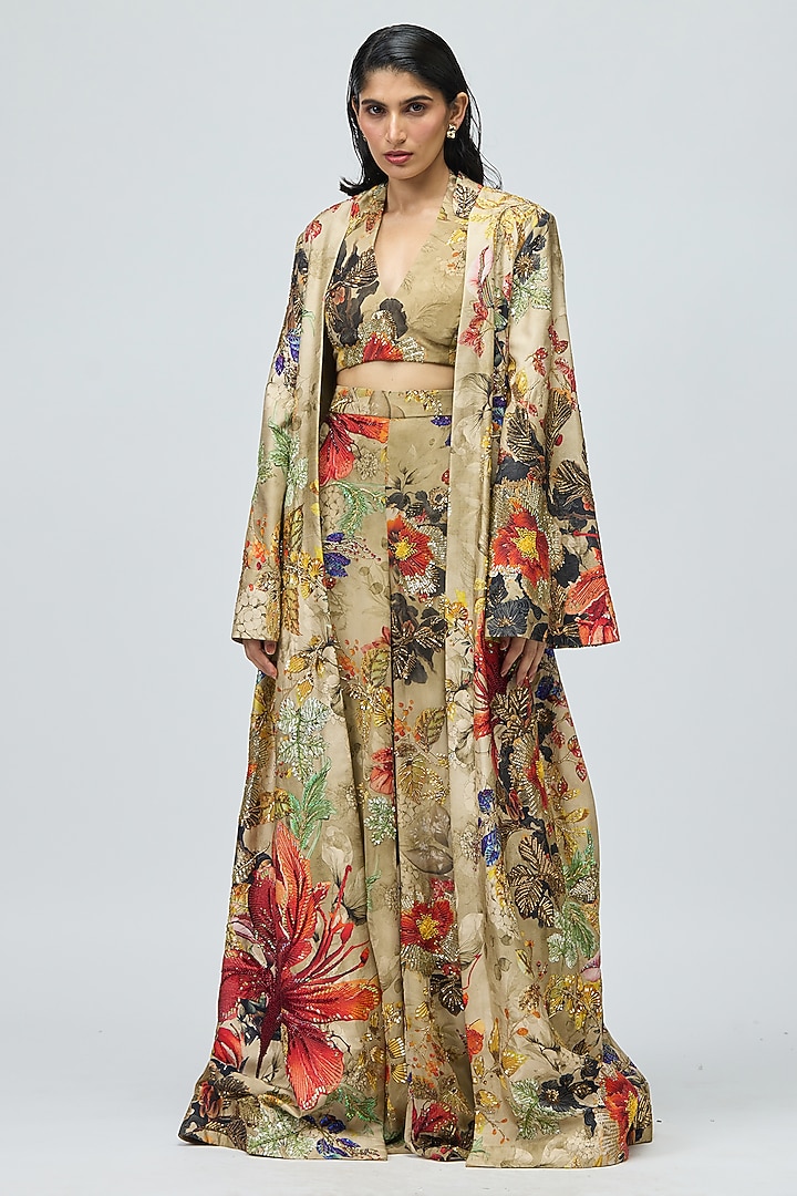 Beige Raw Silk Floral Printed Cape Set by Varun Bahl at Pernia's Pop Up Shop