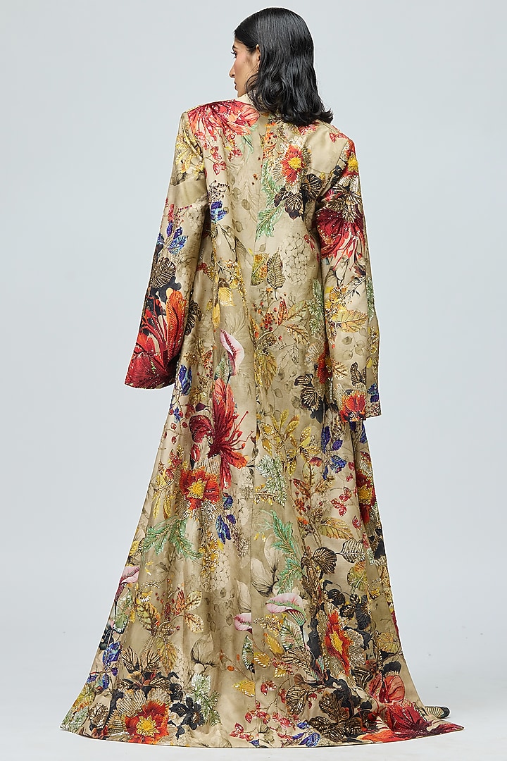 Beige Raw Silk Floral Printed Cape Set by Varun Bahl at Pernia's Pop Up Shop