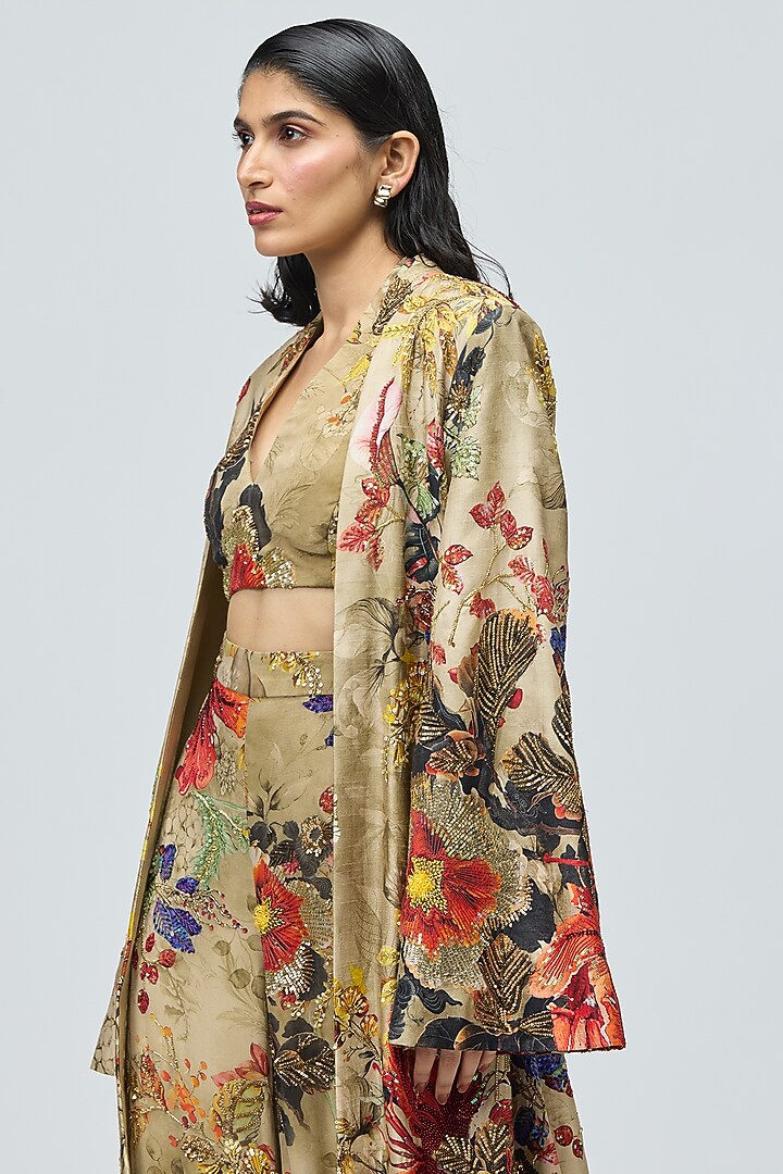 Beige Raw Silk Floral Printed Cape Set by Varun Bahl at Pernia's Pop Up Shop