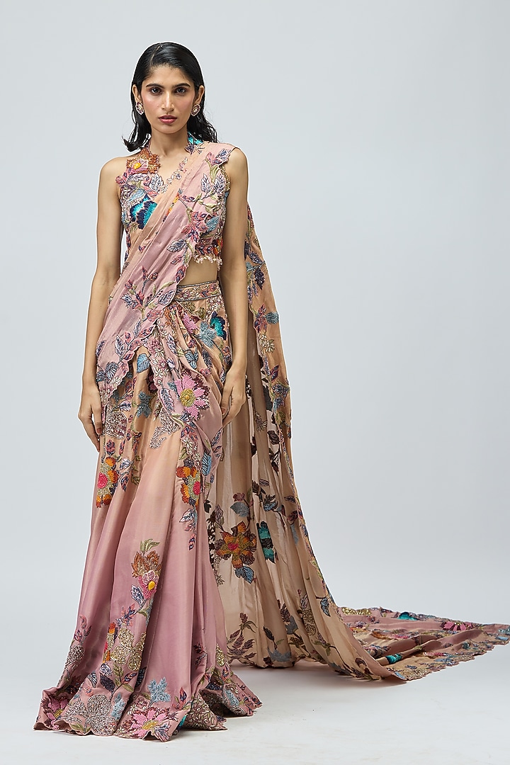 Pink Viscose Tissue Thread Embroidered Bridal Saree Set by Varun Bahl at Pernia's Pop Up Shop