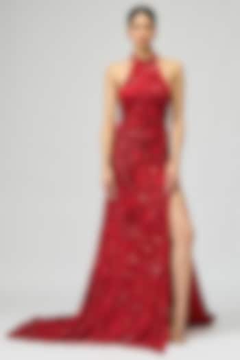 Red Mono Net Cutdana Embellished Bridal Gown by Varun Bahl at Pernia's Pop Up Shop