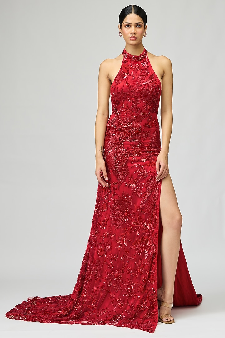 Red Mono Net Cutdana Embellished Bridal Gown by Varun Bahl at Pernia's Pop Up Shop