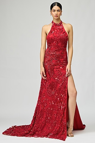 Red Mono Net Cutdana Embellished Gown by Varun Bahl