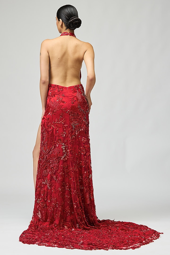 Red Mono Net Cutdana Embellished Bridal Gown by Varun Bahl at Pernia's Pop Up Shop
