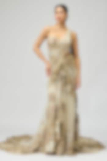 Ivory Mono Net Patchwork Bridal Saree Set by Varun Bahl at Pernia's Pop Up Shop