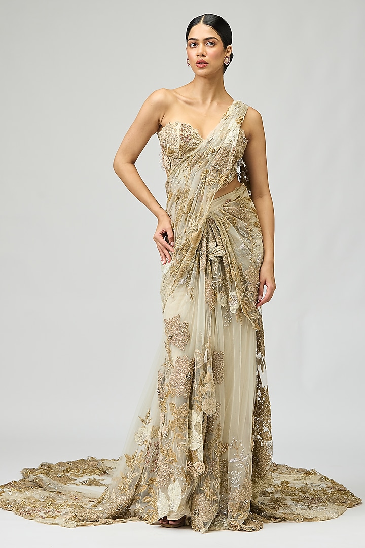 Ivory Mono Net Patchwork Bridal Saree Set by Varun Bahl at Pernia's Pop Up Shop