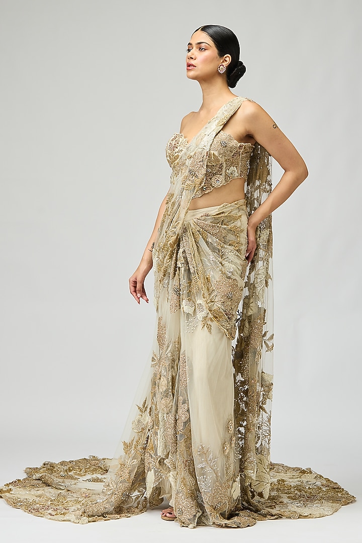 Ivory Mono Net Patchwork Bridal Saree Set by Varun Bahl at Pernia's Pop Up Shop