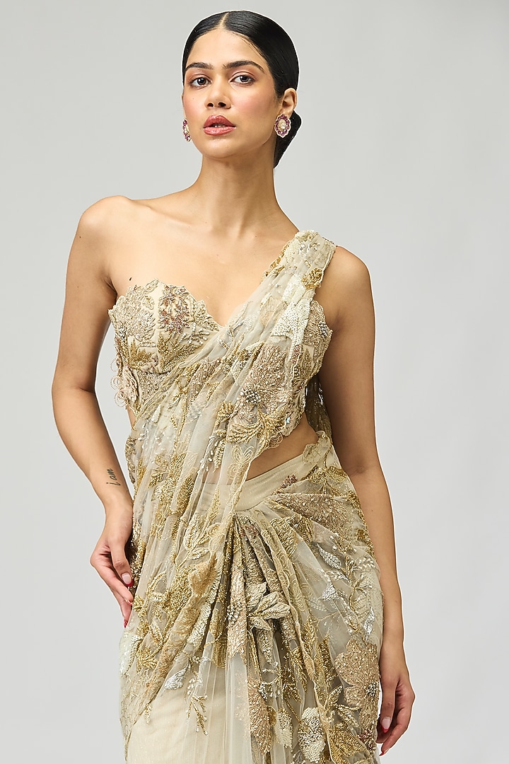 Ivory Mono Net Patchwork Bridal Saree Set by Varun Bahl at Pernia's Pop Up Shop