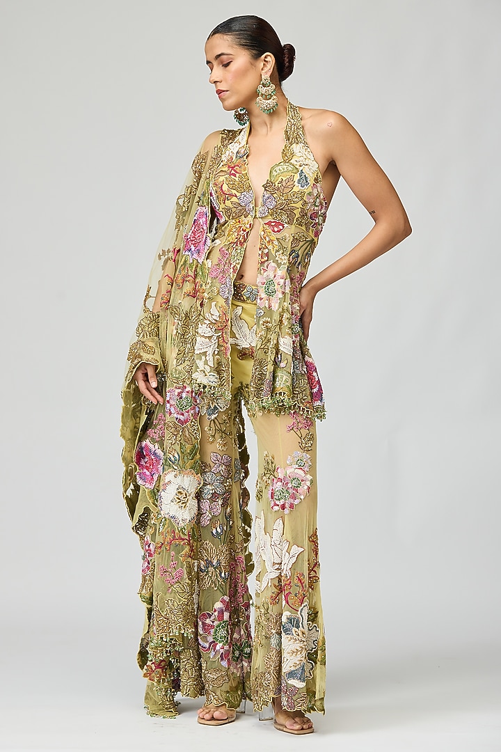 Beige Mono Net Embroidered Bridal Sharara Set by Varun Bahl at Pernia's Pop Up Shop