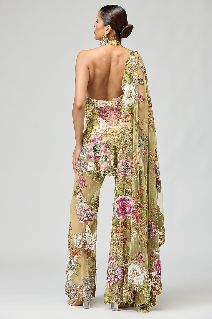 Beige Mono Net Embroidered Bridal Sharara Set by Varun Bahl at Pernia's Pop Up Shop