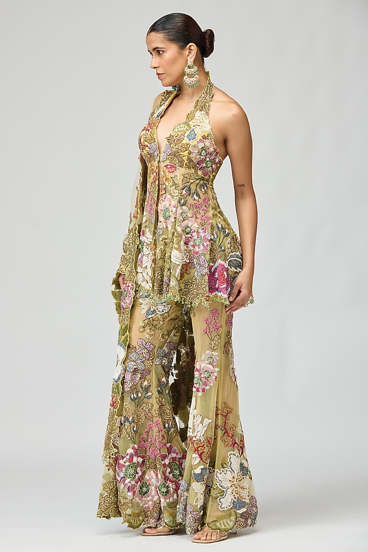 Beige Mono Net Embroidered Bridal Sharara Set by Varun Bahl at Pernia's Pop Up Shop