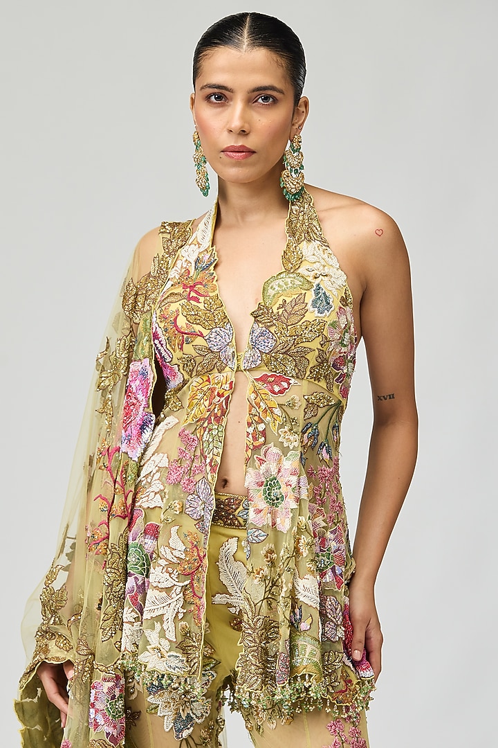 Beige Mono Net Embroidered Bridal Sharara Set by Varun Bahl at Pernia's Pop Up Shop