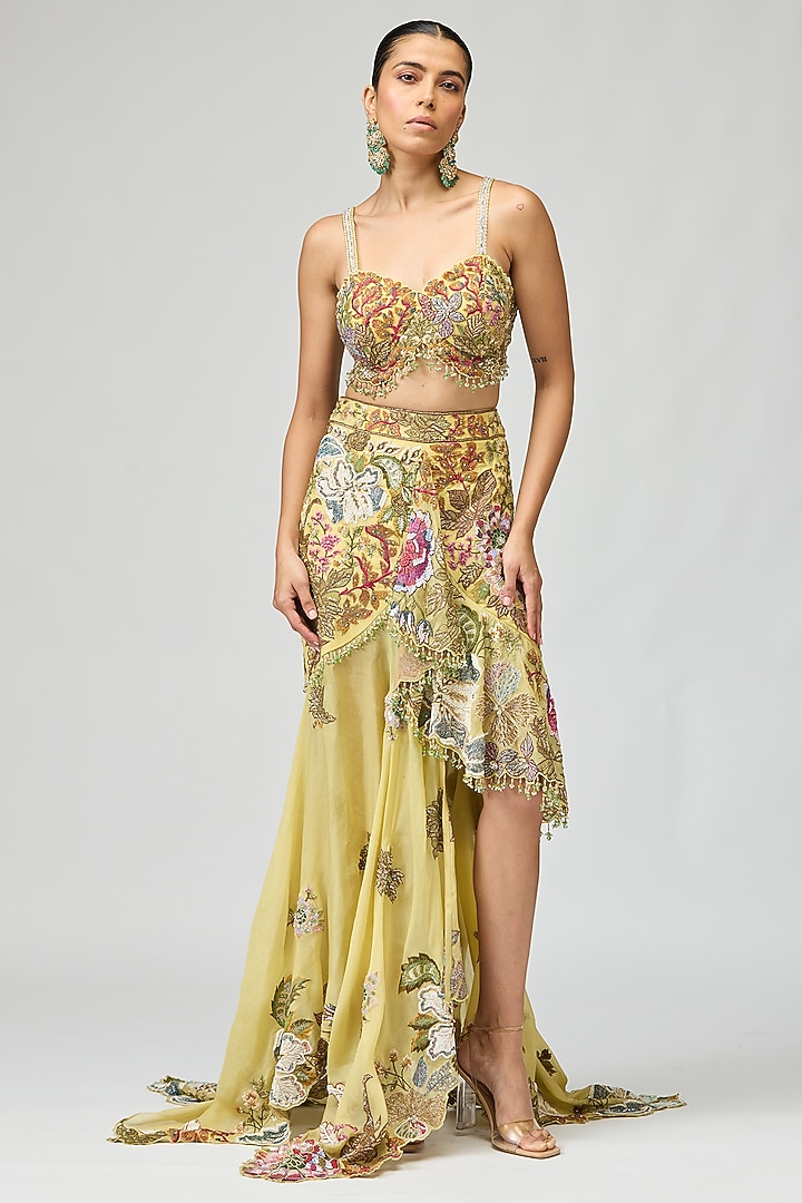 Yellow Silk Organza Floral Embroidered Asymmetric Skirt Set by Varun Bahl at Pernia's Pop Up Shop