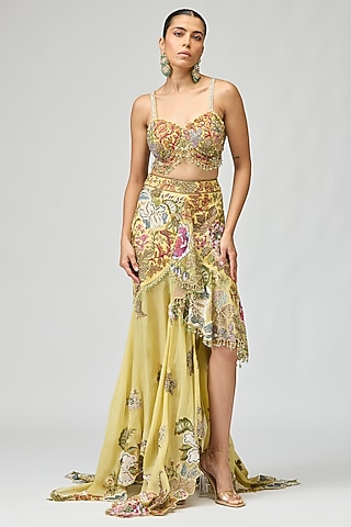 Yellow Silk Organza Floral Embroidered Asymmetric Skirt Set by Varun Bahl