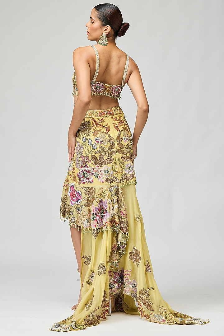 Yellow Silk Organza Floral Embroidered Asymmetric Skirt Set by Varun Bahl at Pernia's Pop Up Shop