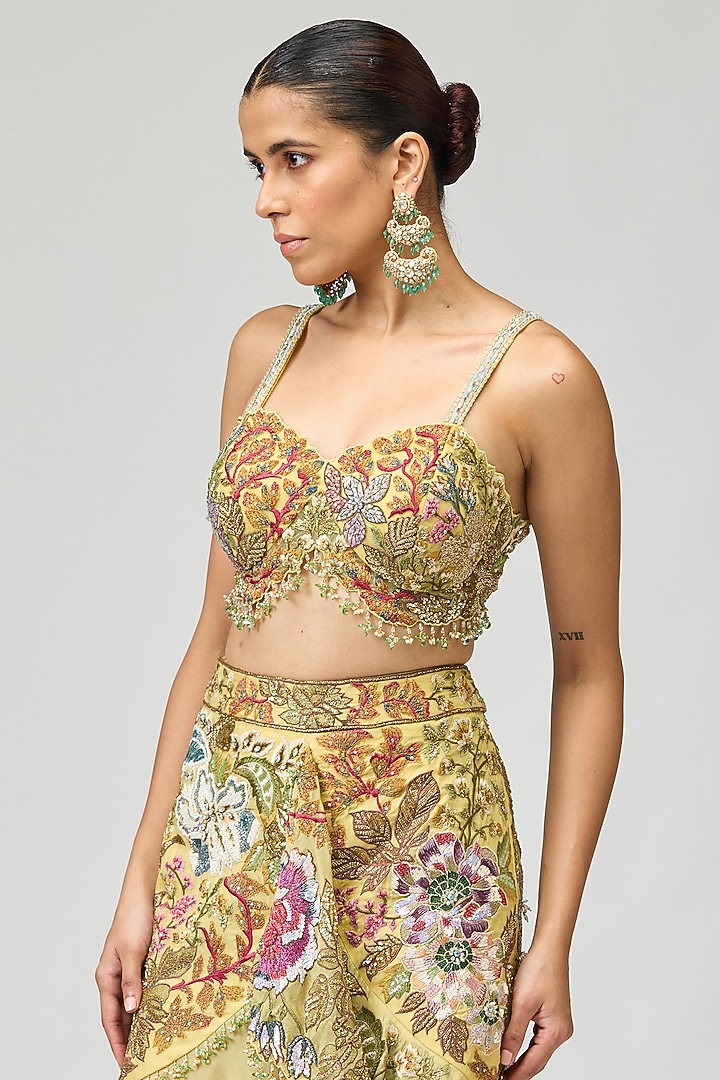 Yellow Silk Organza Floral Embroidered Asymmetric Skirt Set by Varun Bahl at Pernia's Pop Up Shop