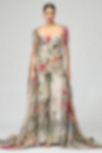 Ivory Silk Crepe Printed & Cutdana Embroidered Cape Set by Varun Bahl at Pernia's Pop Up Shop