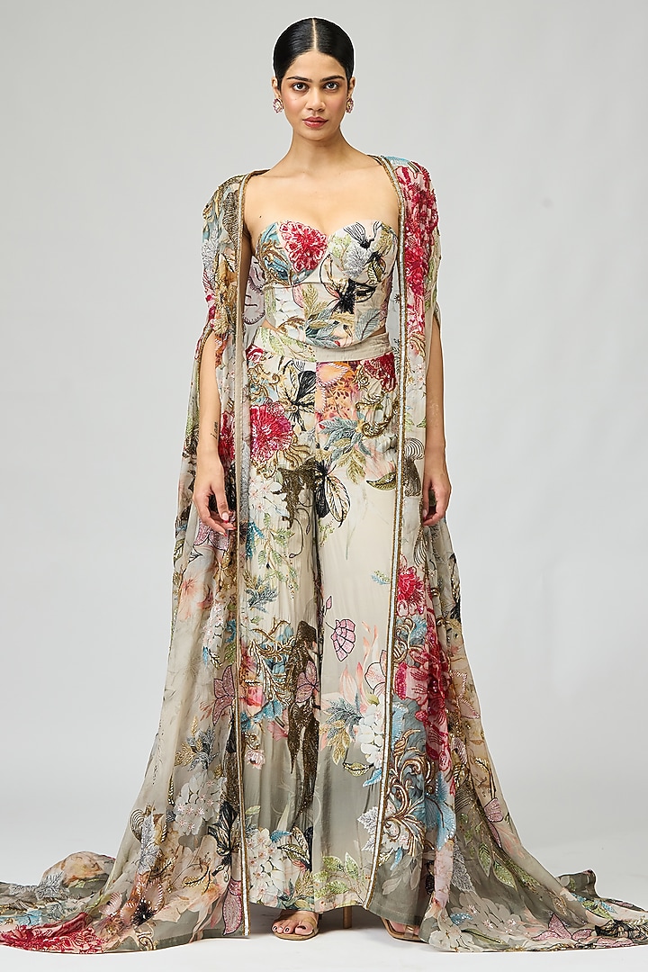 Ivory Silk Crepe Printed & Cutdana Embroidered Cape Set by Varun Bahl at Pernia's Pop Up Shop