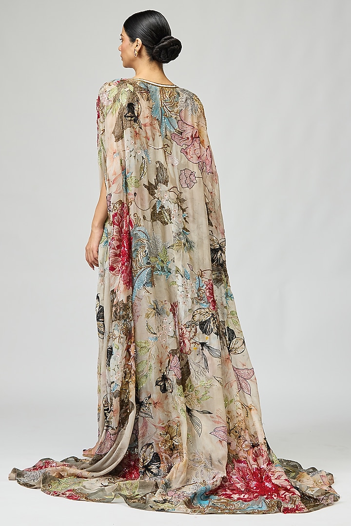 Ivory Silk Crepe Printed & Cutdana Embroidered Cape Set by Varun Bahl at Pernia's Pop Up Shop