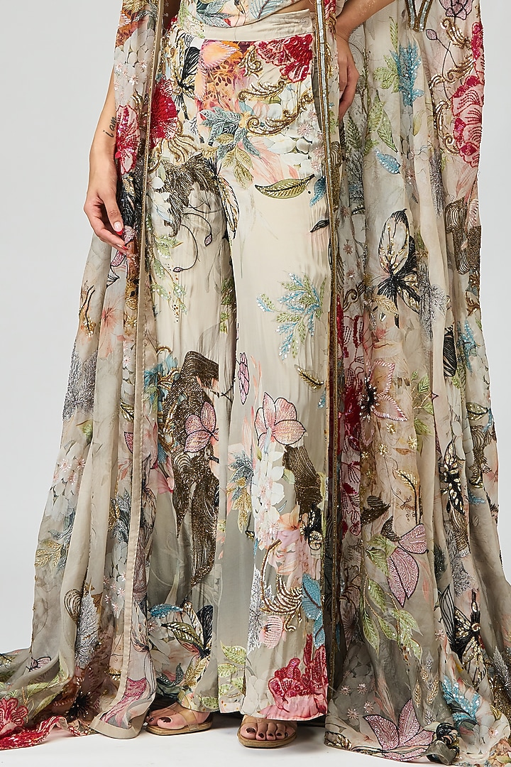 Ivory Silk Crepe Printed & Cutdana Embroidered Cape Set by Varun Bahl at Pernia's Pop Up Shop