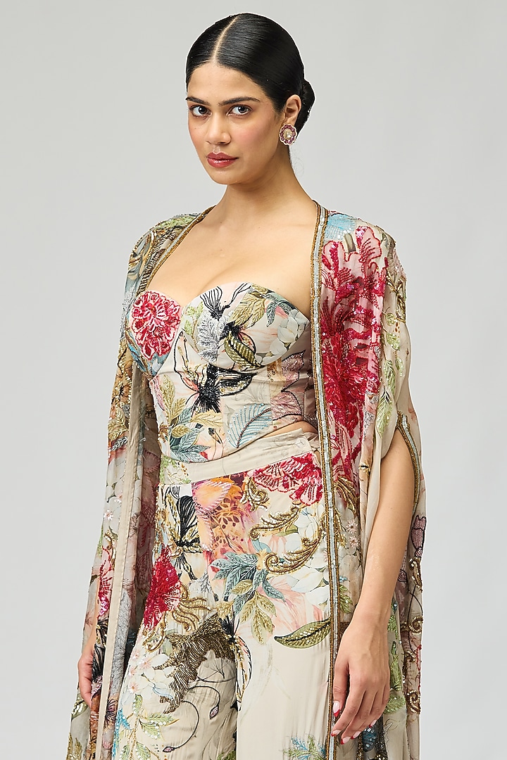 Ivory Silk Crepe Printed & Cutdana Embroidered Cape Set by Varun Bahl at Pernia's Pop Up Shop