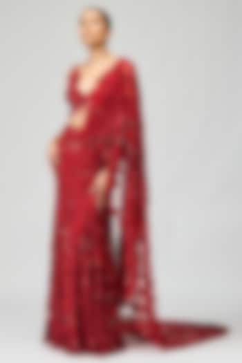Red Mono Net Cutdana Embellished Bridal Saree Set by Varun Bahl at Pernia's Pop Up Shop