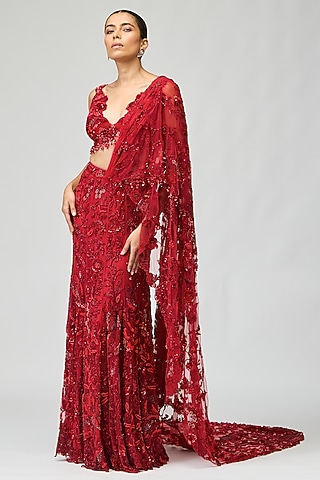 Red Mono Net Cutdana Embellished Saree Set by Varun Bahl