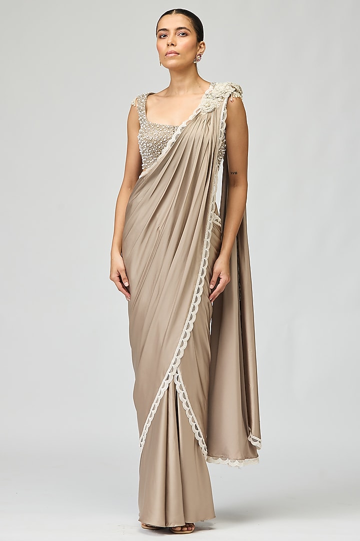 Grey Armani Satin Bead Work Wedding Saree Set by Varun Bahl at Pernia's Pop Up Shop
