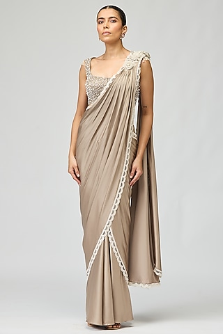 Grey Armani Satin Bead Work Saree Set by Varun Bahl