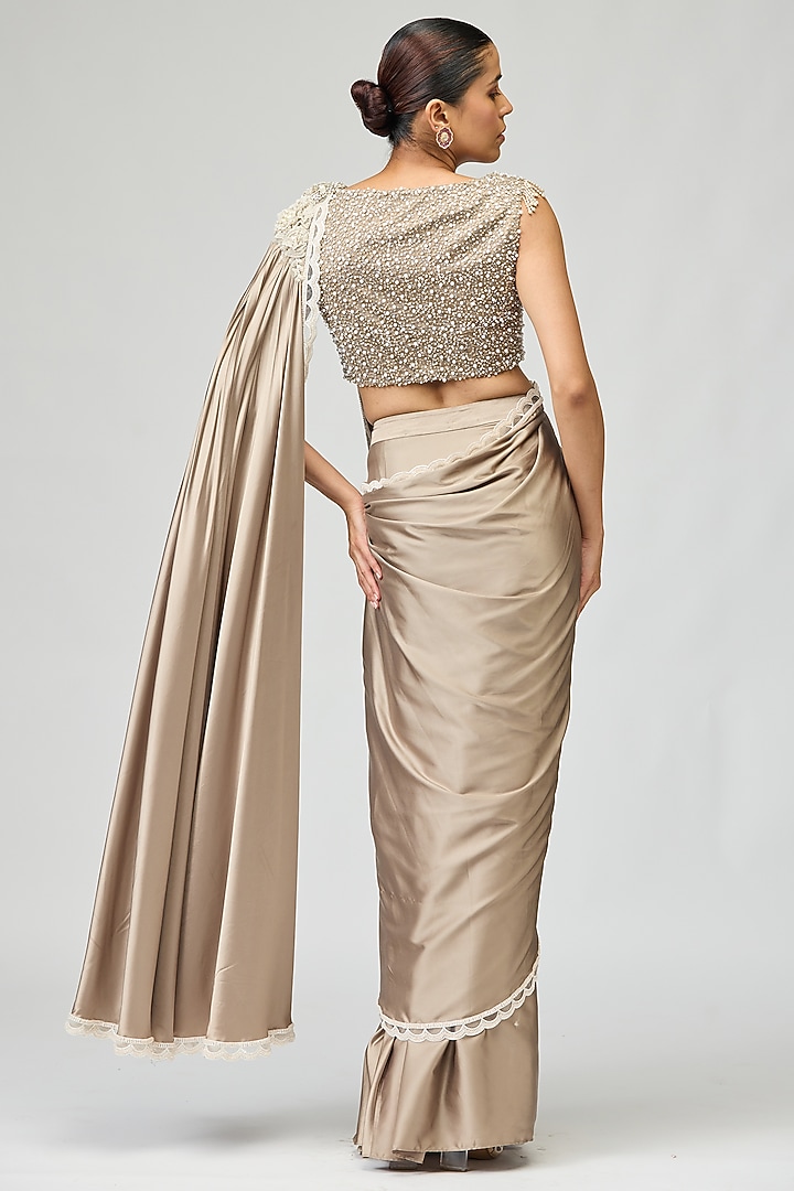 Grey Armani Satin Bead Work Wedding Saree Set by Varun Bahl at Pernia's Pop Up Shop