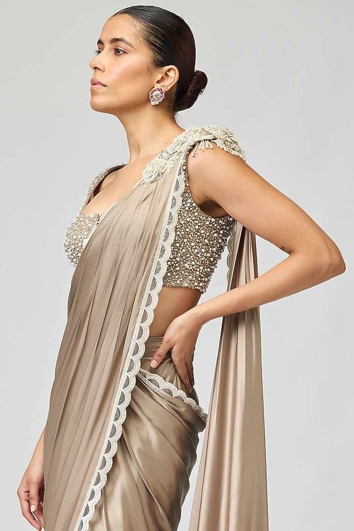 Grey Armani Satin Bead Work Wedding Saree Set by Varun Bahl at Pernia's Pop Up Shop