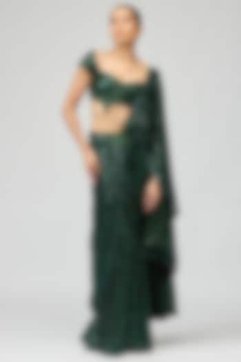 Bottle Green Sequins Fabric Bead Embroidered Wedding Saree Set by Varun Bahl at Pernia's Pop Up Shop