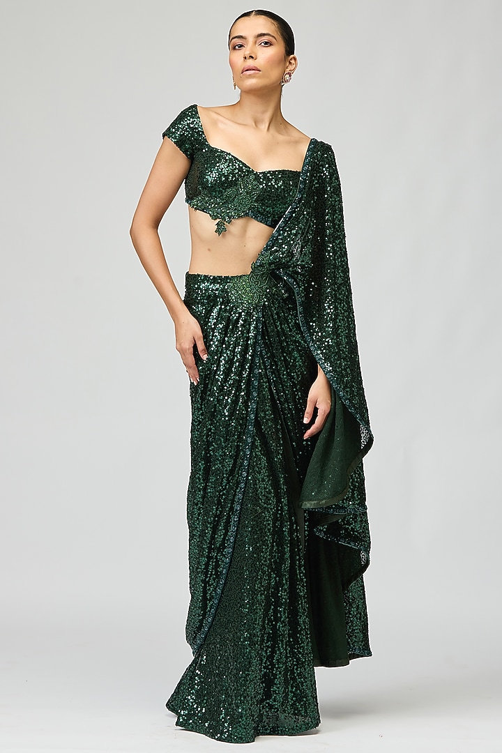 Bottle Green Sequins Fabric Bead Embroidered Wedding Saree Set by Varun Bahl at Pernia's Pop Up Shop