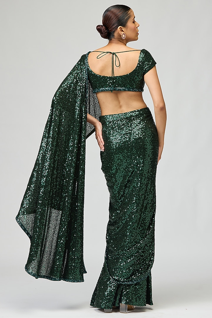 Bottle Green Sequins Fabric Bead Embroidered Wedding Saree Set by Varun Bahl at Pernia's Pop Up Shop