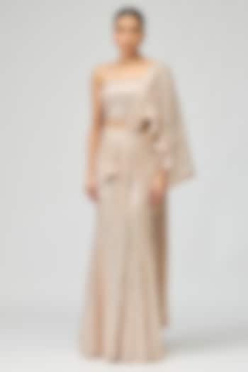 Peach Sequins Fabric Embellished Wedding Saree Set by Varun Bahl at Pernia's Pop Up Shop