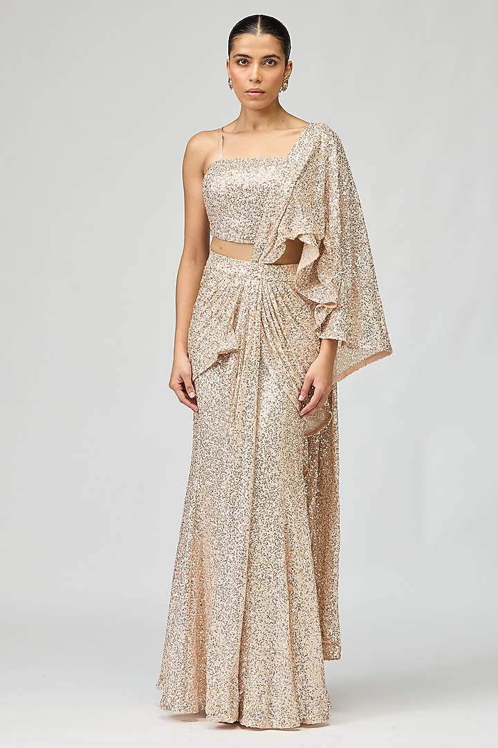 Peach Sequins Fabric Embellished Wedding Saree Set by Varun Bahl at Pernia's Pop Up Shop