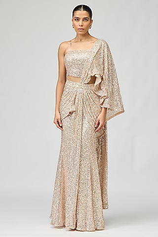 Peach Sequins Fabric Embellished Saree Set by Varun Bahl