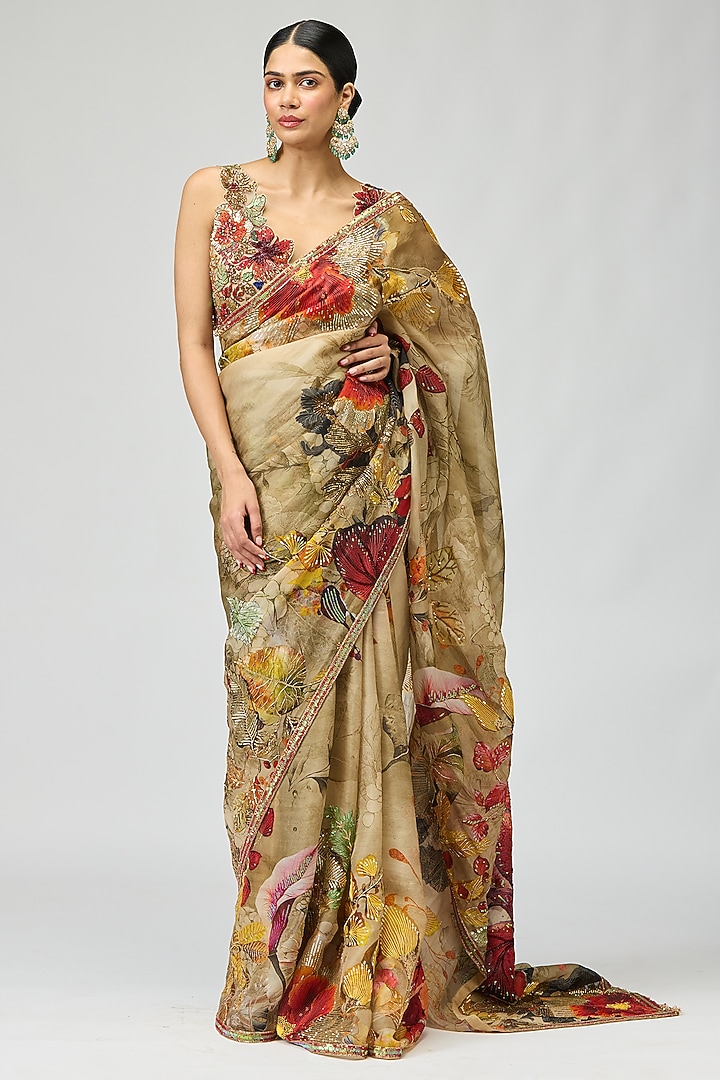 Beige Silk Organza Printed & Resham Embellished Bridal Saree Set by Varun Bahl at Pernia's Pop Up Shop