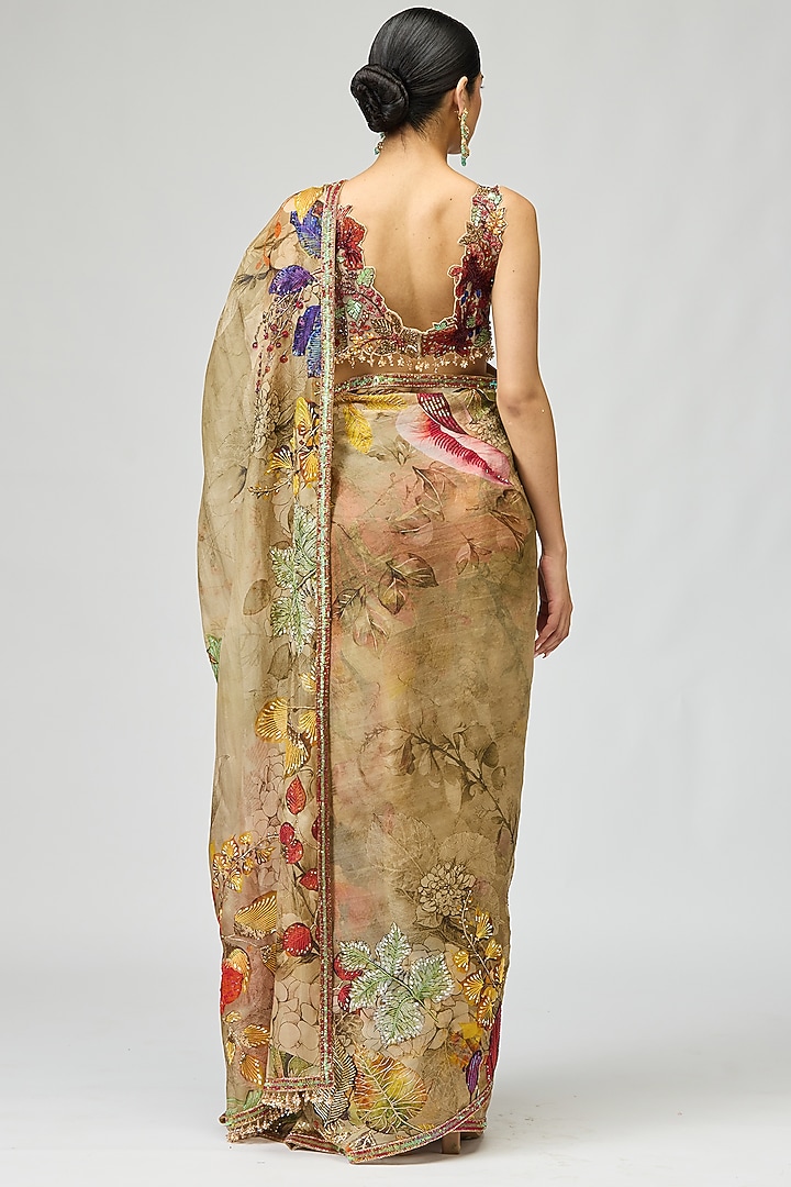 Beige Silk Organza Printed & Resham Embellished Bridal Saree Set by Varun Bahl at Pernia's Pop Up Shop