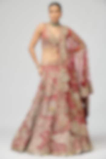 Maroon Viscose Satin Tissue Zari Embroidered Bridal Lehenga Set by Varun Bahl at Pernia's Pop Up Shop