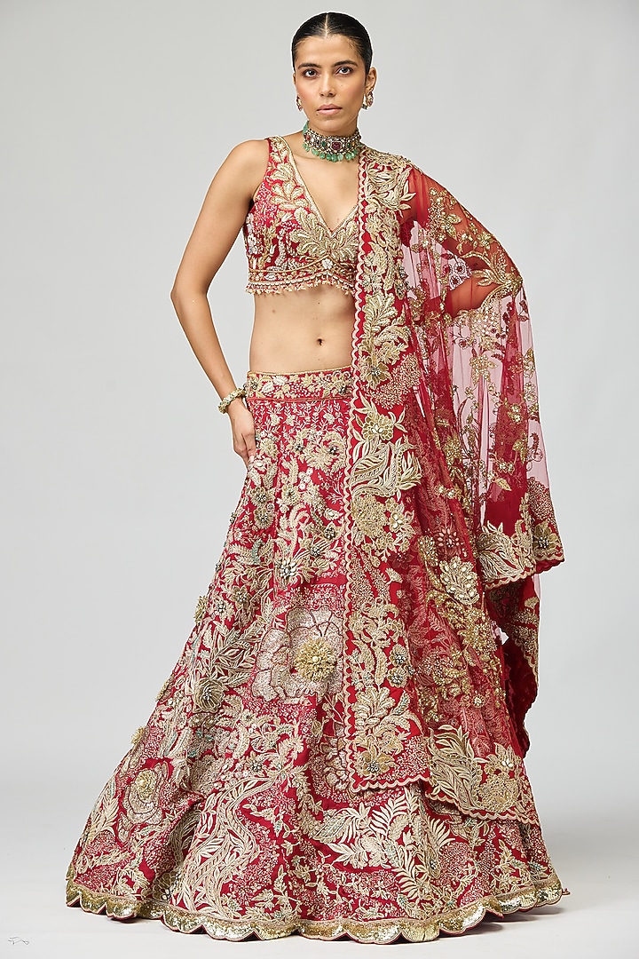 Maroon Viscose Satin Tissue Zari Embroidered Bridal Lehenga Set by Varun Bahl at Pernia's Pop Up Shop