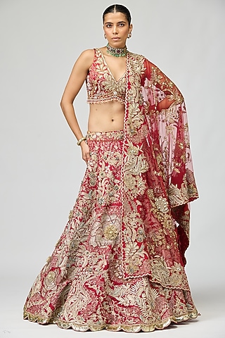 Maroon Viscose Satin Tissue Zari Embroidered Lehenga Set by Varun Bahl