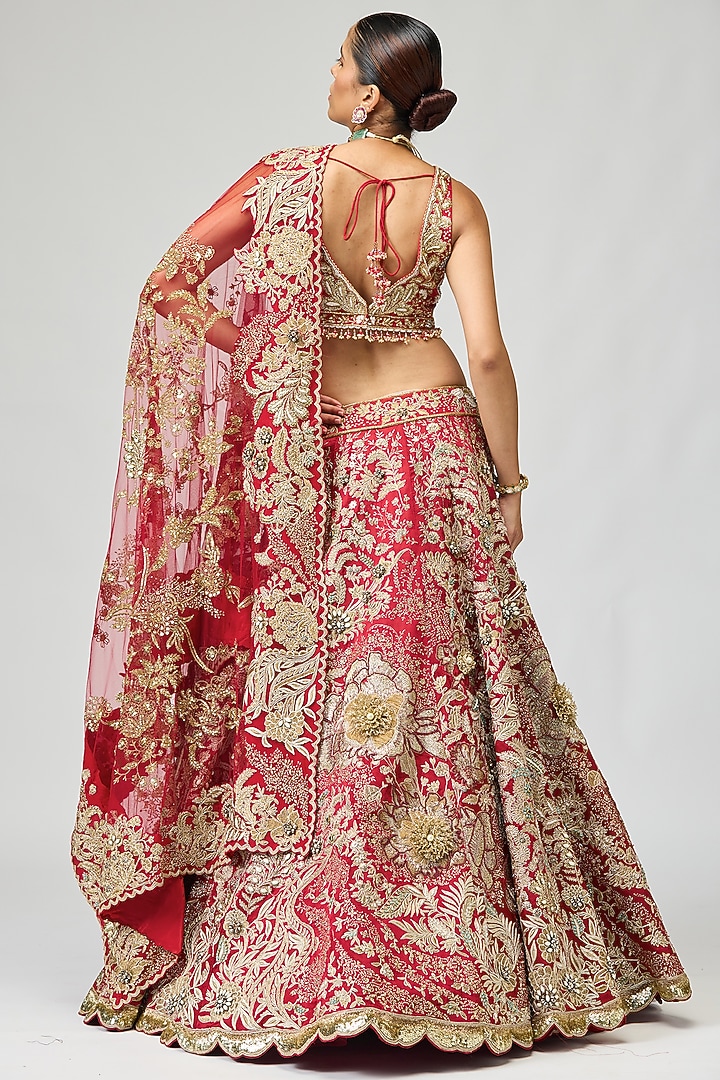Maroon Viscose Satin Tissue Zari Embroidered Bridal Lehenga Set by Varun Bahl at Pernia's Pop Up Shop