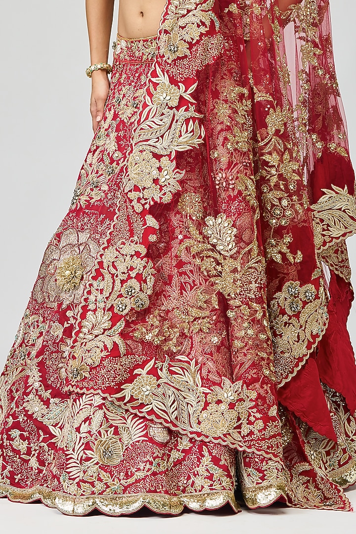 Maroon Viscose Satin Tissue Zari Embroidered Bridal Lehenga Set by Varun Bahl at Pernia's Pop Up Shop