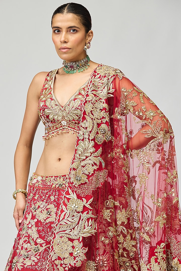 Maroon Viscose Satin Tissue Zari Embroidered Bridal Lehenga Set by Varun Bahl at Pernia's Pop Up Shop