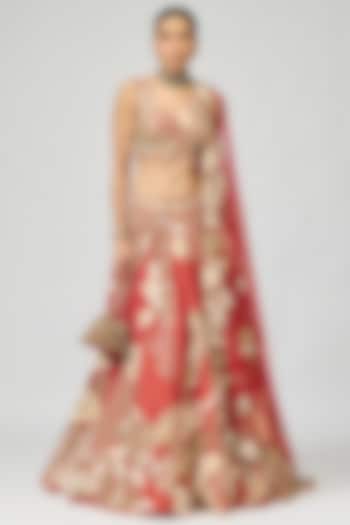 Red Viscose Tissue Dabka Embroidered Bridal Lehenga Set by Varun Bahl at Pernia's Pop Up Shop