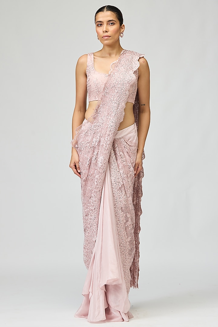 Pink Viscose Tissue Embroidered Wedding Saree Set by Varun Bahl at Pernia's Pop Up Shop