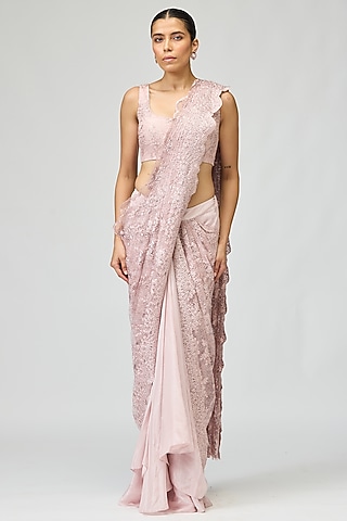Pink Viscose Tissue Embroidered Saree Set by Varun Bahl
