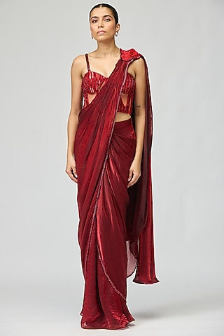 Red Organza Cutdana Embroidered Saree Set by Varun Bahl