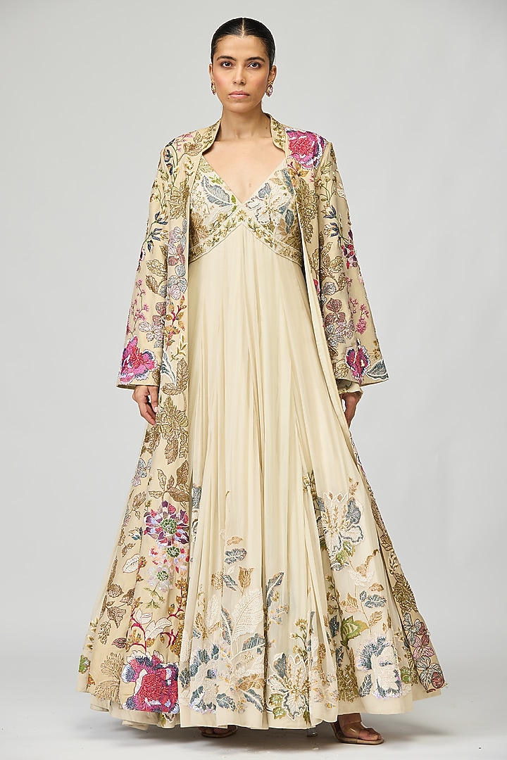 Ivory Silk Georgette Cutdana Embellished Bridal Anarkali Set by Varun Bahl at Pernia's Pop Up Shop
